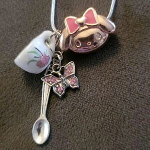 My Melody Pink Tea Party Necklace with Teacup, Butterfly, & Mini Spoon Charm